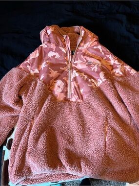 Pink Sherpa Pullover Jacket with Camo Hood